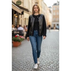 NWT Jones New York Signature Vegan  Leather Front Ribbed Knit Cardigan Sweater